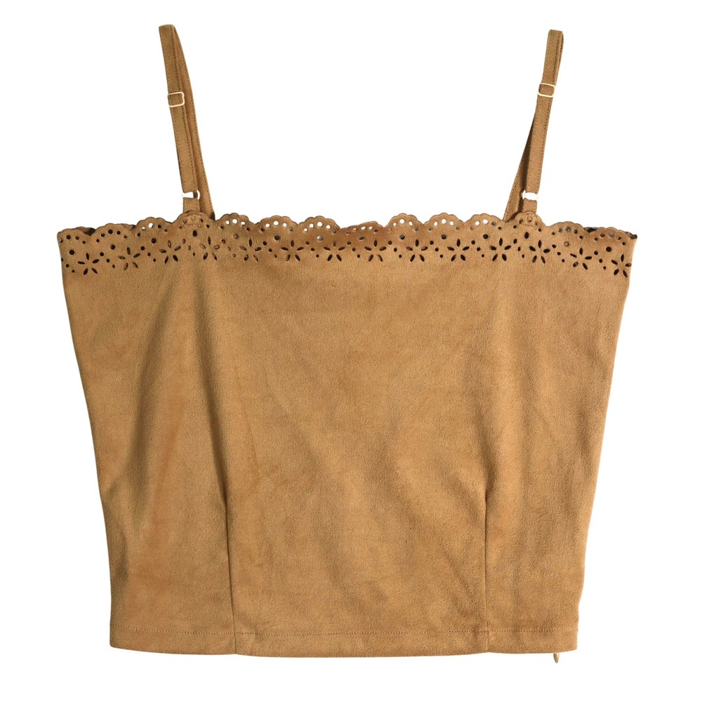VTG Ralph Lauren Cami Top Y2k Womens Medium Tan Faux Suede Eyelet Scallop Boho